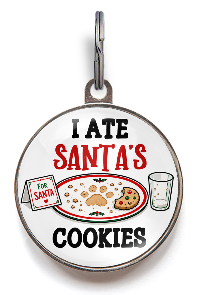 I Ate Santa's Cookies funny Christmas dog ID tag with empty cookie plate and paw print