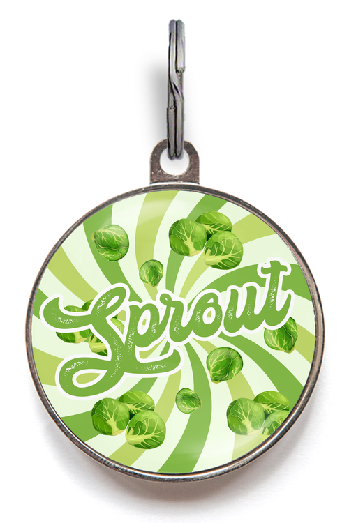 Sprout Pet Tag For Cats and Dogs - Featuring Brussel Sprouts on a green and white swirling sunburst background
