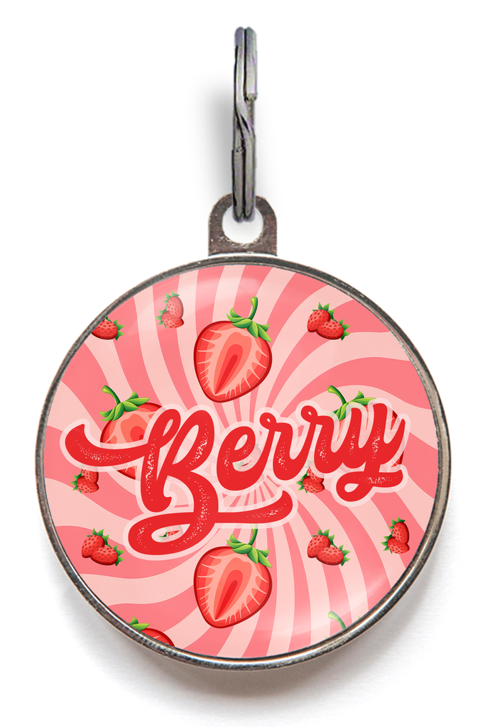 Strawberry Dog Tag For Dogs or Cats - Featuring your pet's name against strawberries on a swirling pink sunburst background