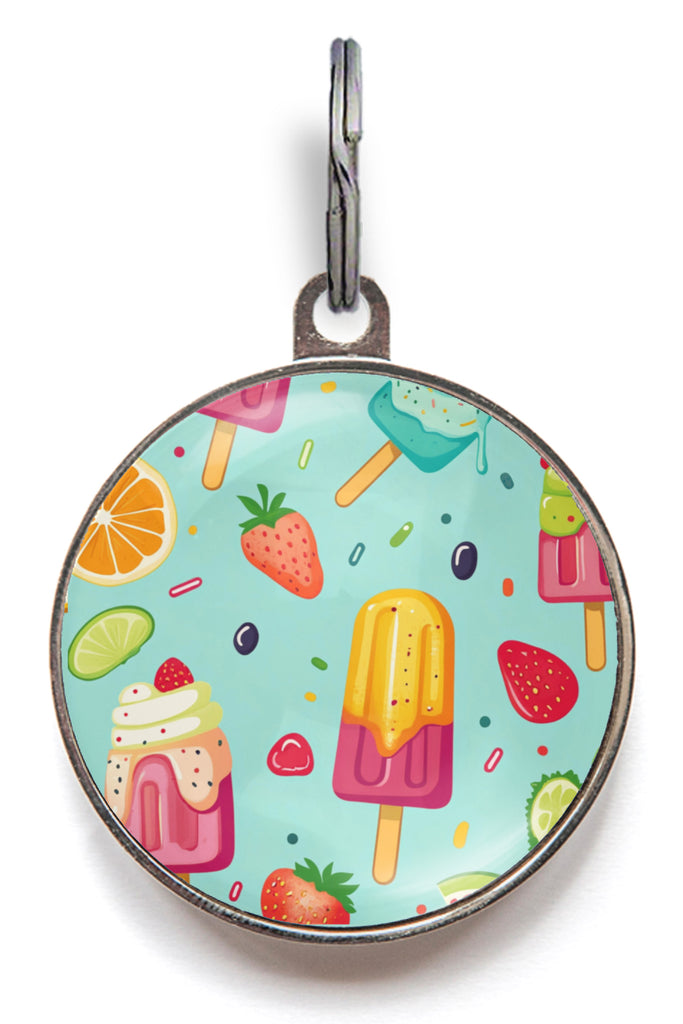Summer dog tag with colourful ice lollies and fruit design – fun, personalised ID tag for dogs and cats who love sunshine and treats