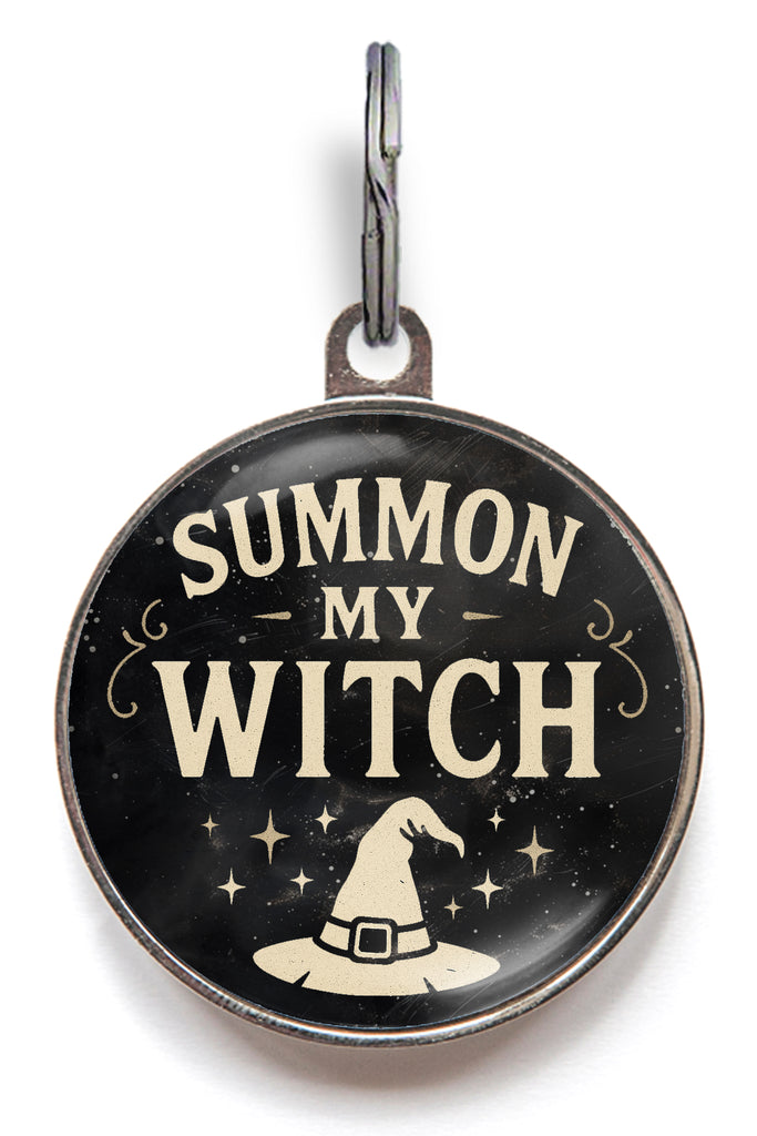 Halloween pet tag with “Summon My Witch” text and witch hat design on black background