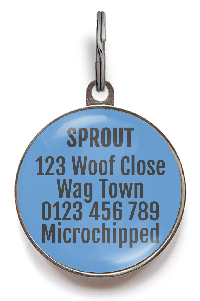 Back of sushi pet tag to add up to 5 lines of contact information