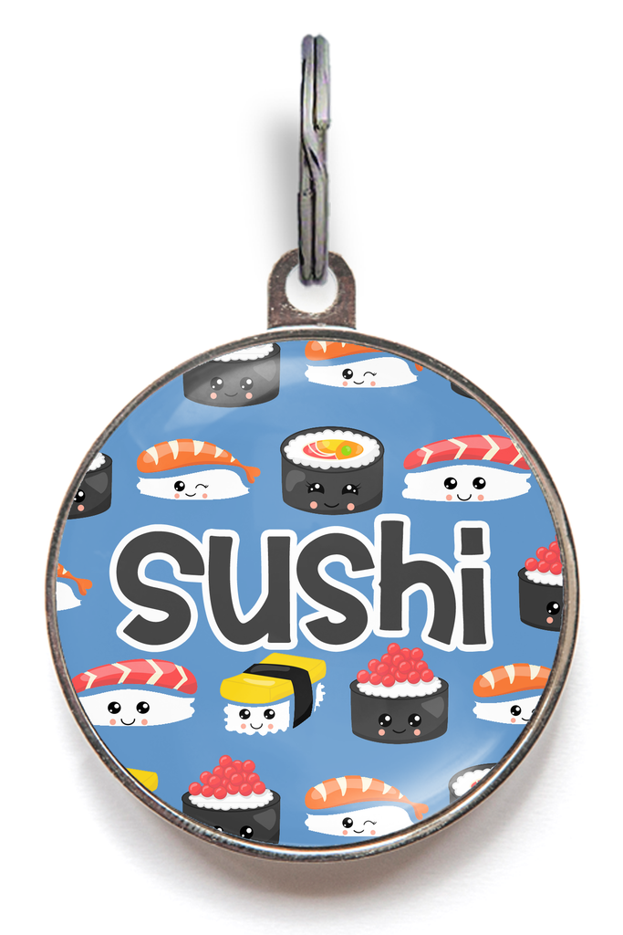 Sushi Pet ID Tag featuring cute sushi pattern on a colourful background for cats or dogs