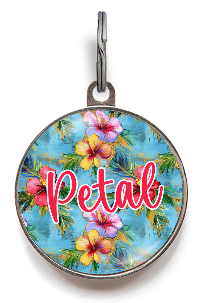 Tropical dog tag with hibiscus flower design and pet name “Petal” – personalised floral ID tag for dogs and cats