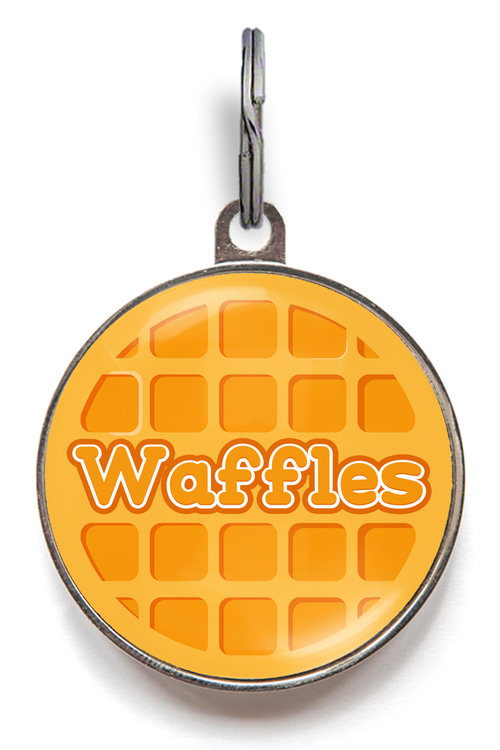 Waffles Dog Tag - Pet Tag featuring a golden orange breakfast waffle design. Add your pet's name for a personalised touch.