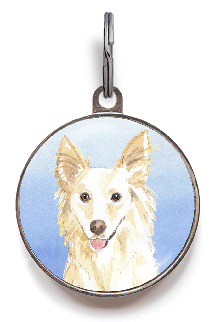 White Collie Dog Tag - Blue