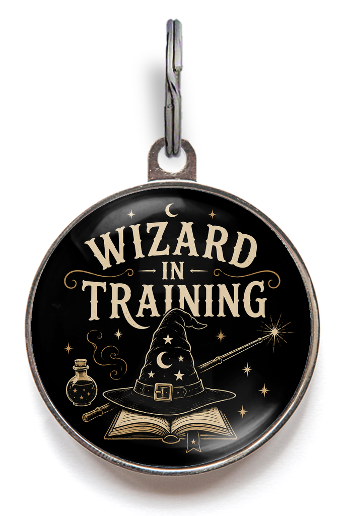 Wizard in Training dog ID tag with wizard hat, wand, spellbook and potion