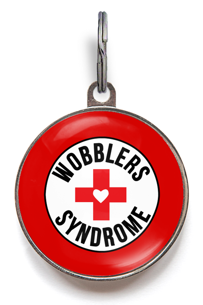 Wobblers syndrome dog tag for pets with cervical spine issues, featuring clear printed alert for dogs needing gentle handling