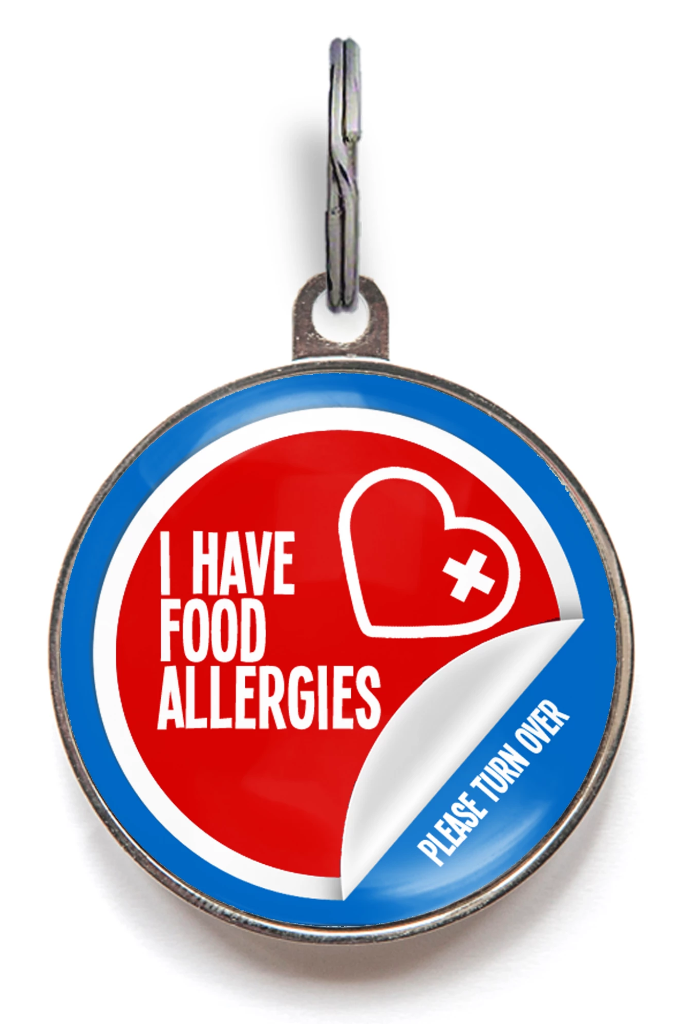 food allergy dog tag with red sticker style design on blue background reading I have food allergies, personalised pet ID tag