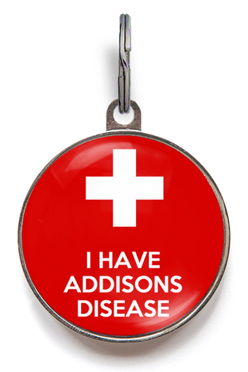Addisons Disease Pet Tag. Bold red tag featuring a stand out white cross and the words "I have Addisons Disease" in white.