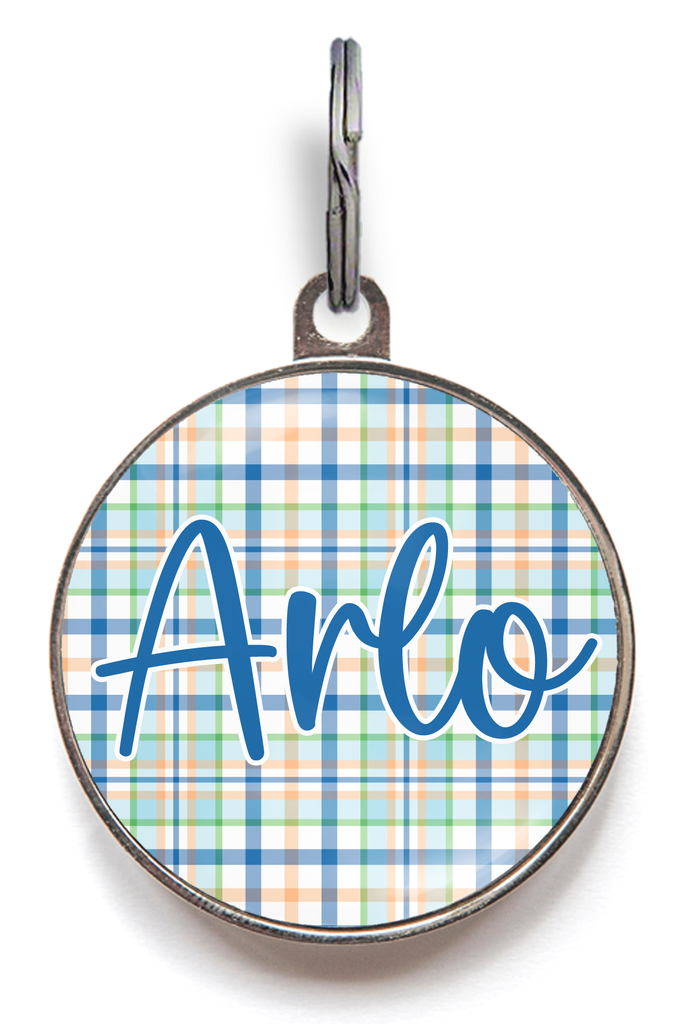 Blue & Orange Plaid Pet Tag - Dog ID Tag - Wag-A-Tude Tags