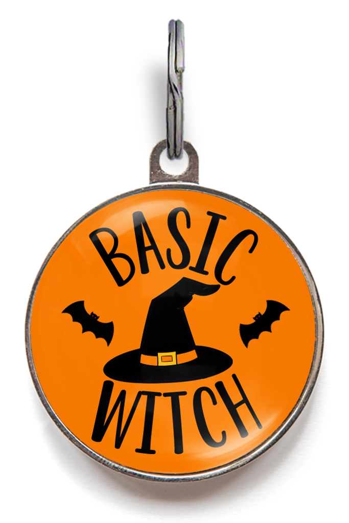 Basic Witch Halloween dog tag – personalised pet ID with witch hat and bats