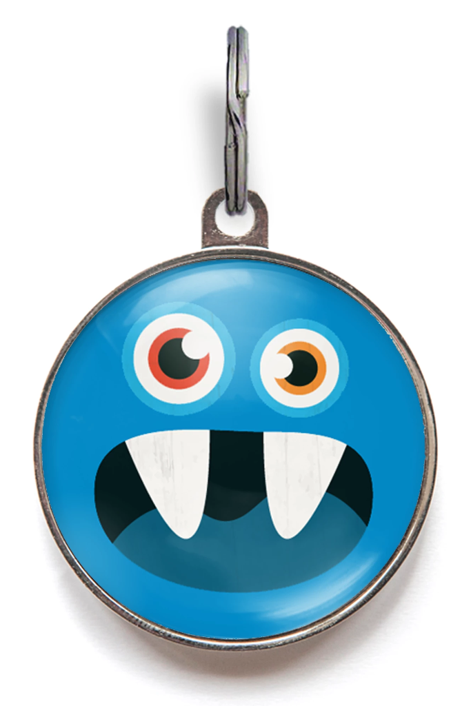 Personalised blue monster face dog tag – novelty Halloween collar charm
