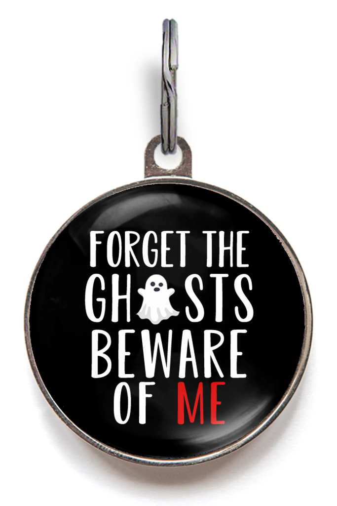 Forget the Ghosts Beware of Me Halloween dog tag – personalised pet ID with ghost design