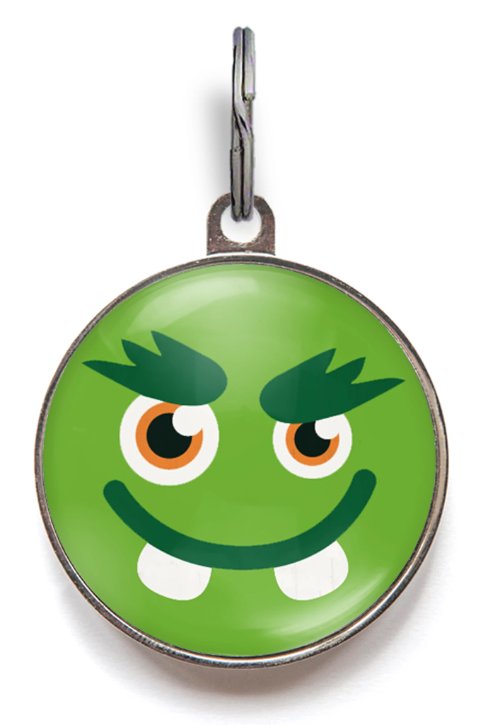 Green monster Halloween dog tag – personalised pet ID with grumpy face design