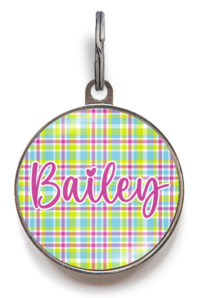 Green & Pink Gingham Name Tag