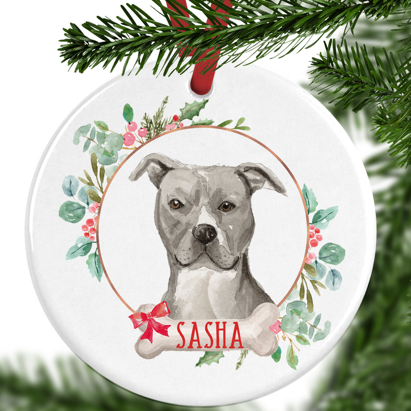 Grey Staffordshire Bull Terrier Personalised Christmas Ornament