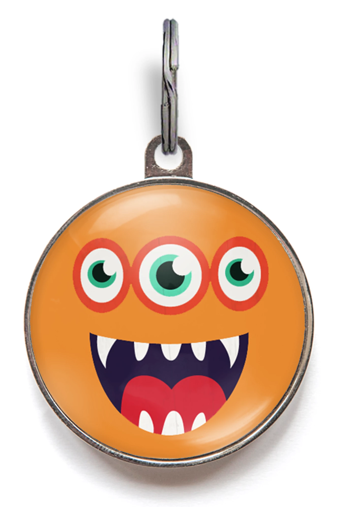 Orange monster Halloween dog tag – personalised pet ID with three-eyed face design