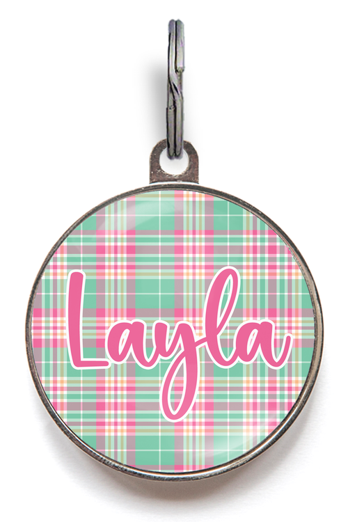 Pastel Pink and Mint Green Gingham Pet Name Tag