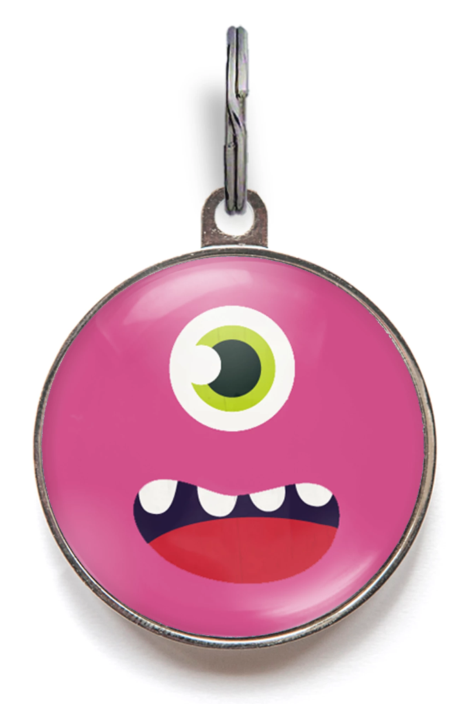 Pink monster Halloween dog tag – personalised pet ID with one-eyed monster face