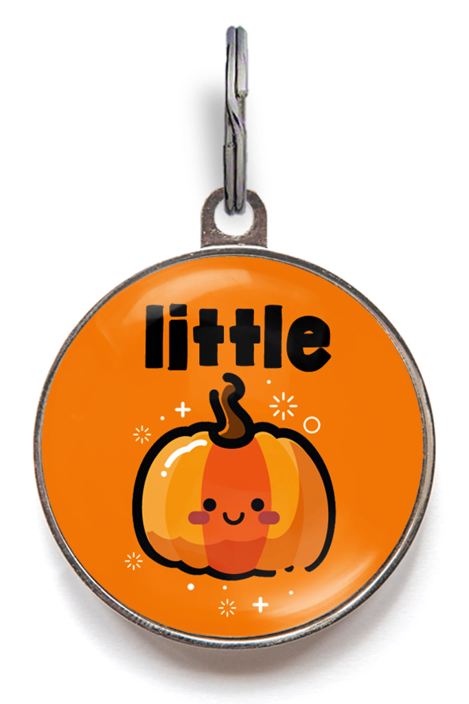Little Pumpkin Halloween dog tag – personalised pet ID with smiling pumpkin design
