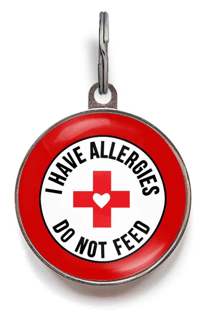 dog or cat allergy tag with do not feed message and red medical cross, personalised pet ID tag
