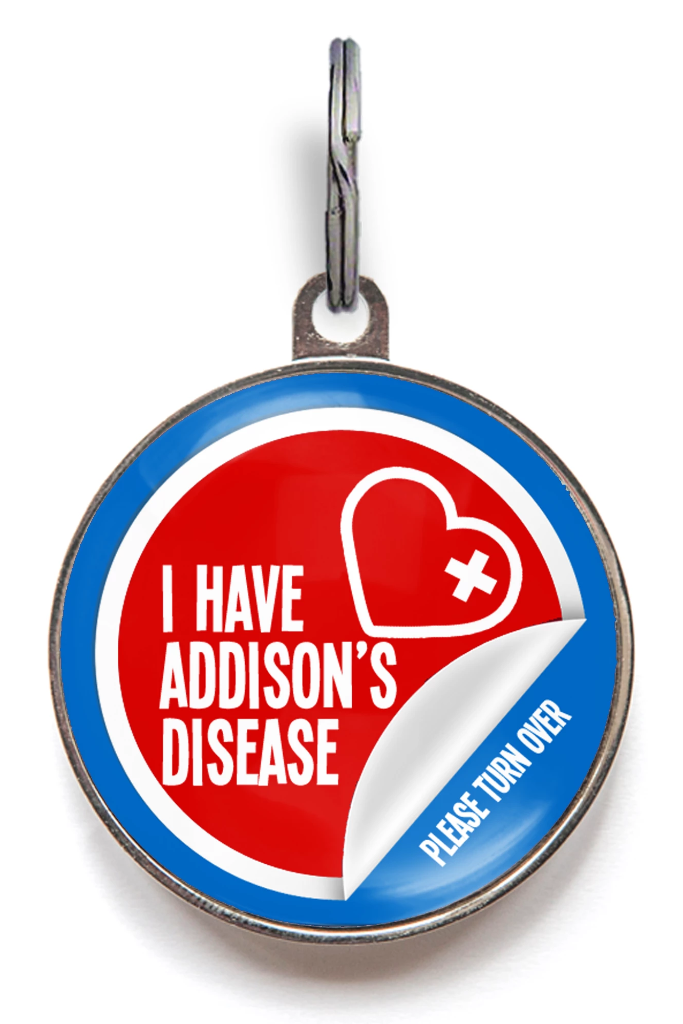 Addison’s disease dog tag with red and blue design and medical symbol, personalised pet ID tag for dogs