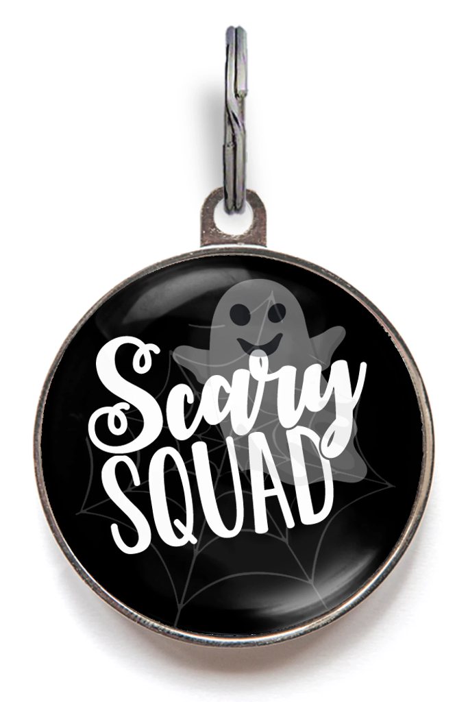Scary Squad Halloween dog tag – personalised pet ID with ghost and spider web design