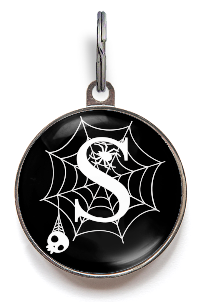 Spider Monogram Halloween dog tag – personalised pet ID with skull and web design