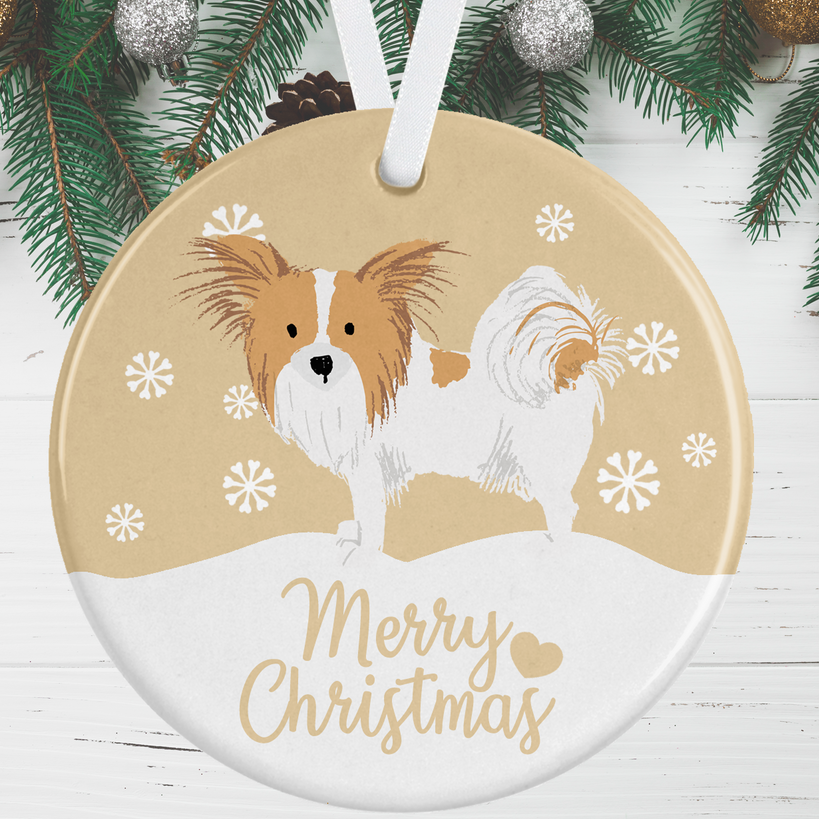 Tan And White Papillon Christmas Ornament